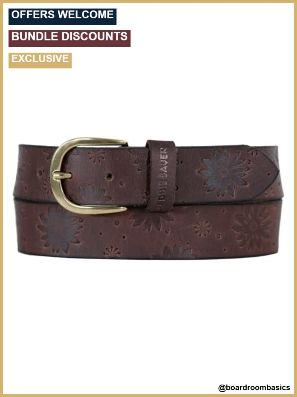 Genuine Leather Women's Belt with Tooled Floral Pattern and Metal Buckle